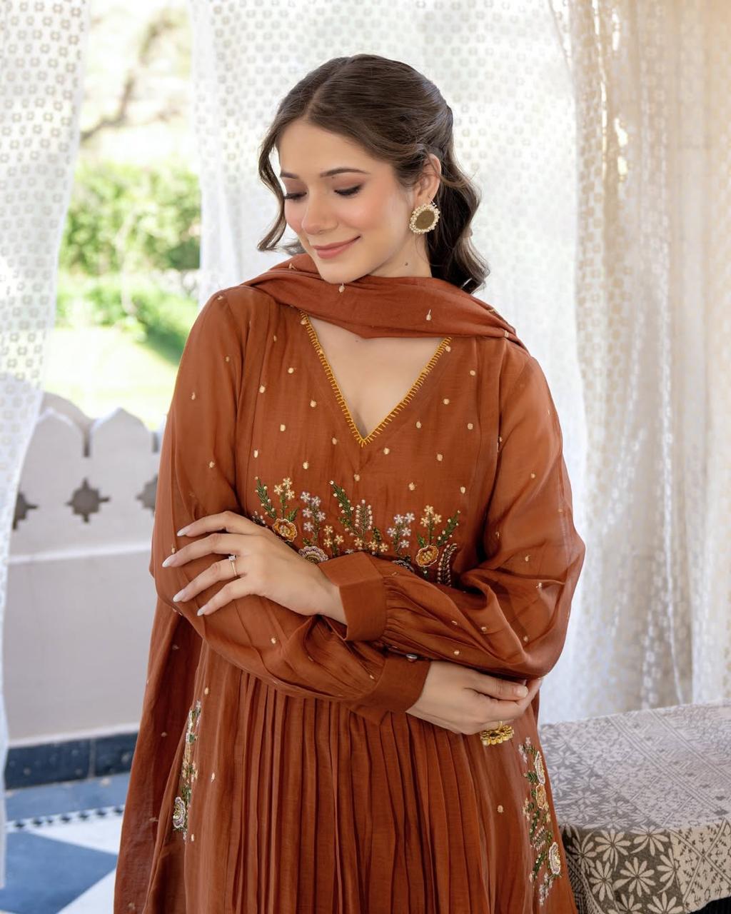 Anarkali Cotton Kurta Pant Set with Embroidery & Cutwork Dupatta