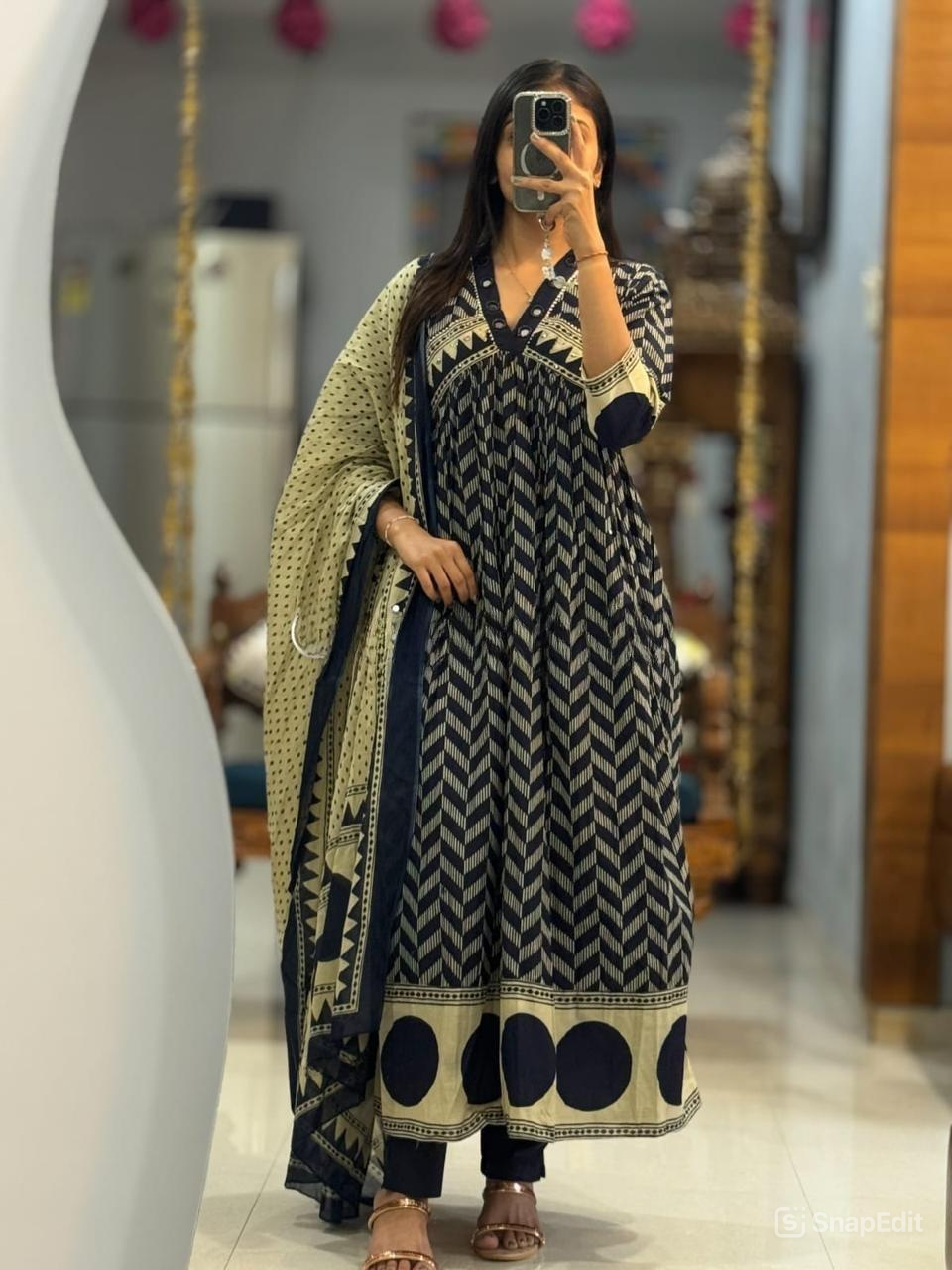 Anarkali Kurti Set with Mirror Work in Cotton 60*60 Fabric