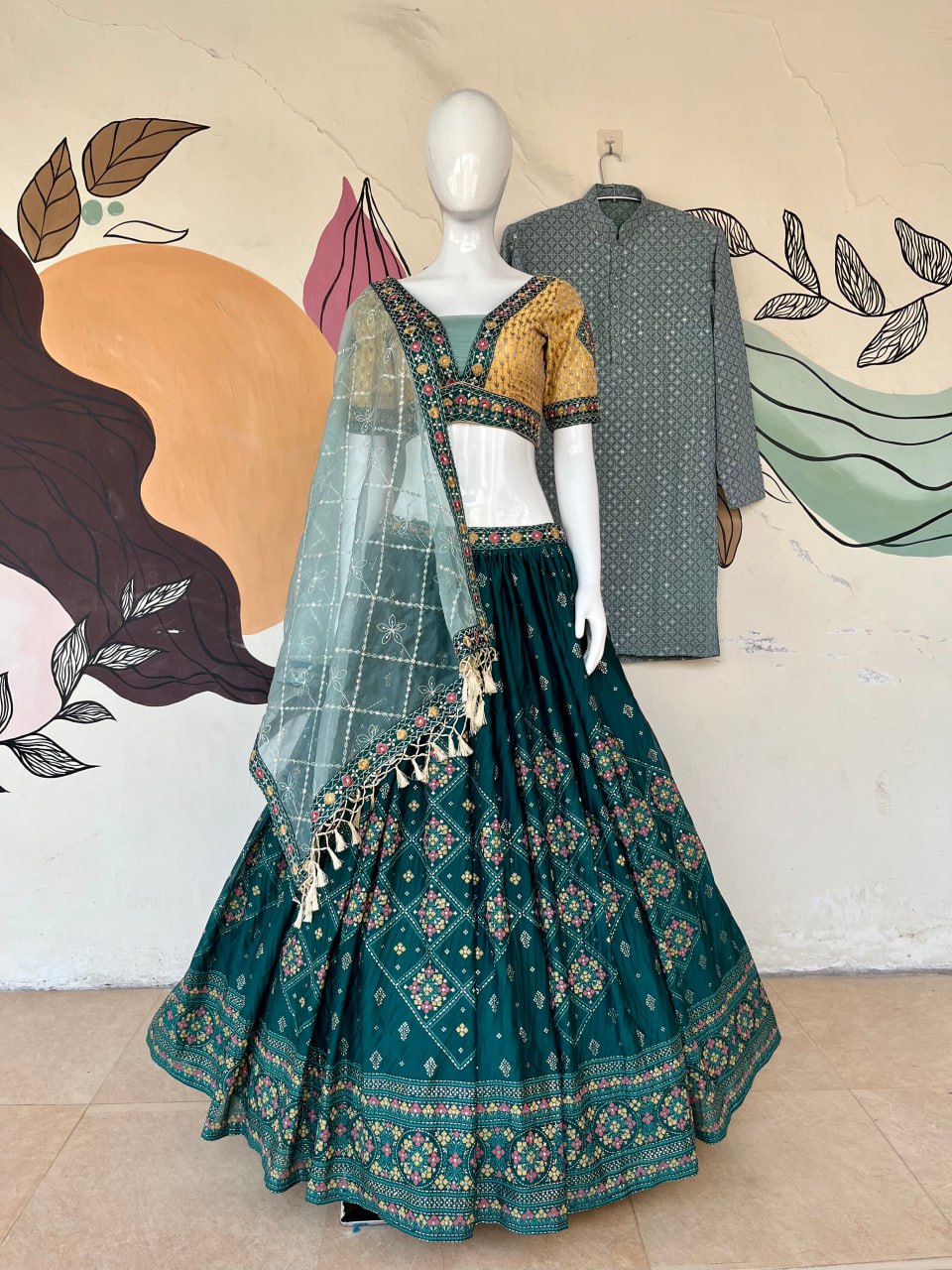 Aqua Green Full Stitched Lehenga Choli Set with Heavy Foil Print and Embroidery Work