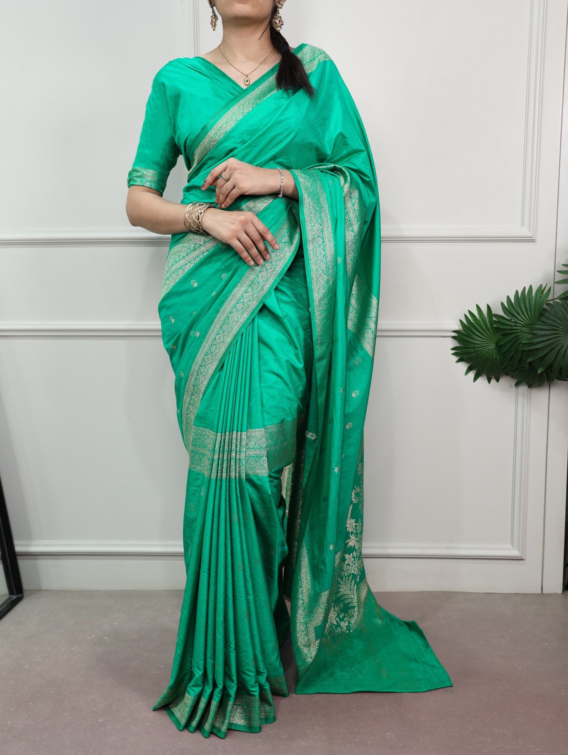 Aqua Green Mysore Zari Weaving Saree