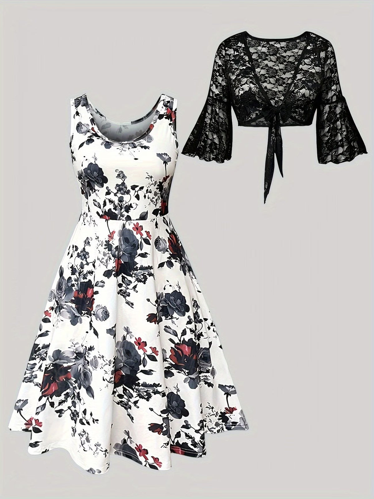 Plus Size Women Elegant Lace Coat & Printed Vest Dress 2-Piece Outfit Set