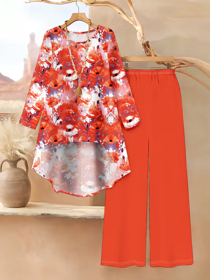 Women’s Long-Sleeve Floral Suit – Light Red Flowers on Gray, Casual & Vacation Wear
