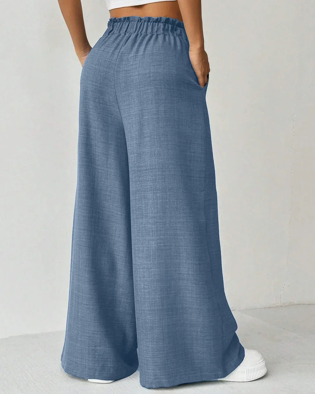 High Waist Wide Leg Trousers with Waist Tie in French  Blue