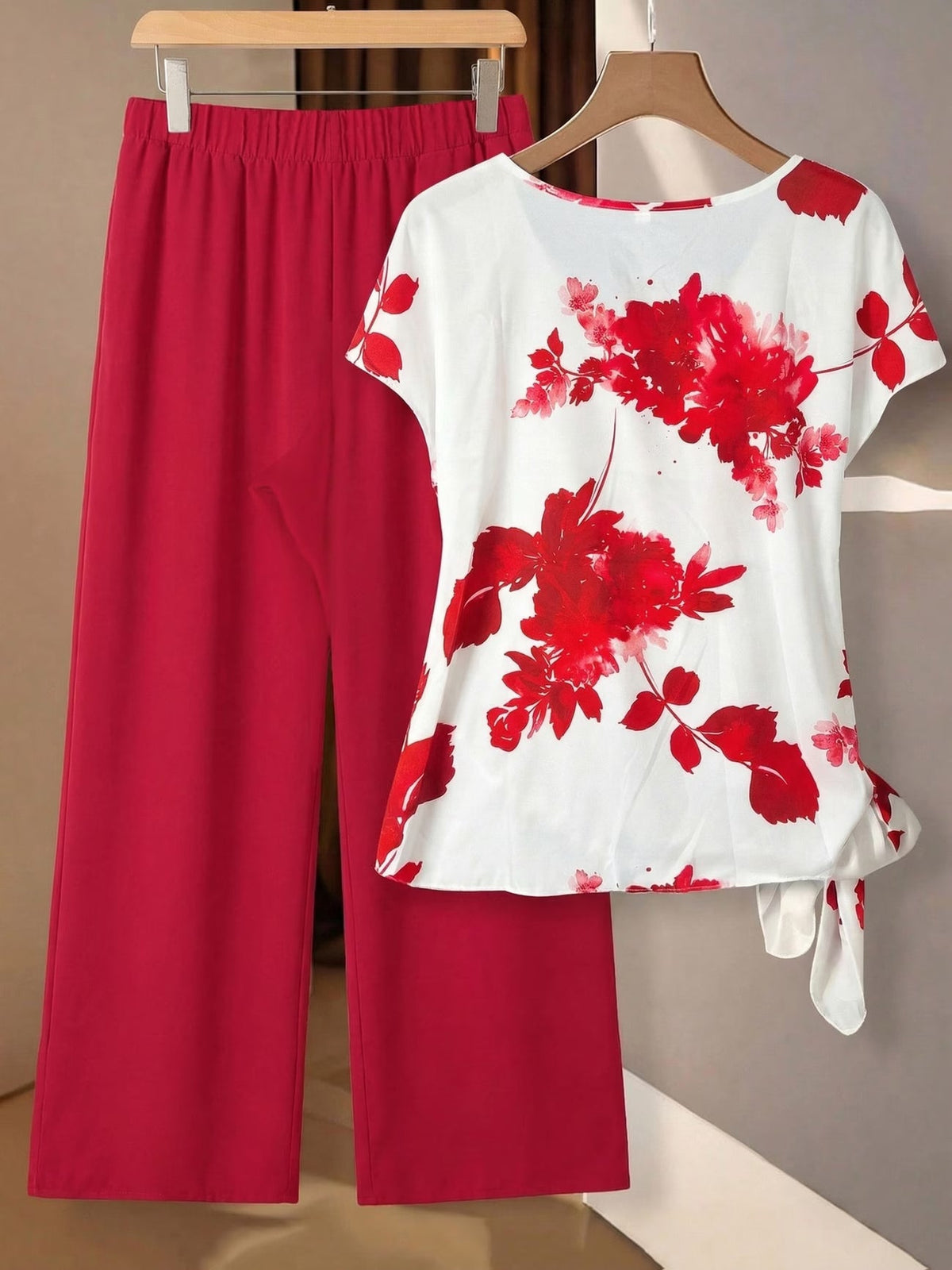 Women's Floral Print Tie-Front Shirt & Wide-Leg Pants Two-Piece Set