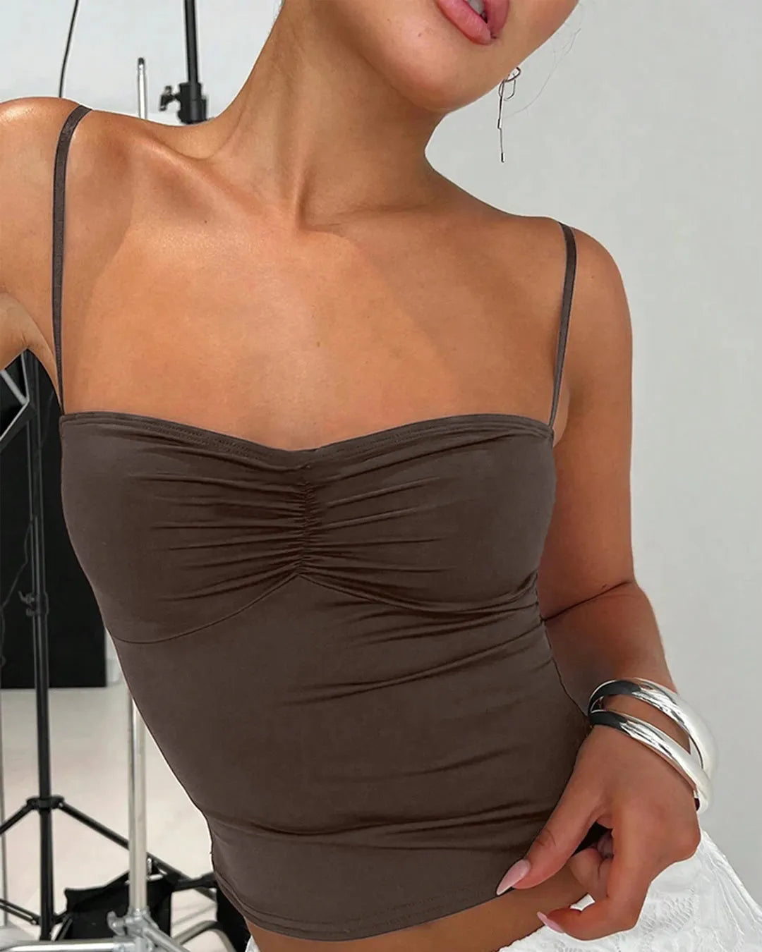 Solid Color Ruched Slim Fit Cami Top In Coca