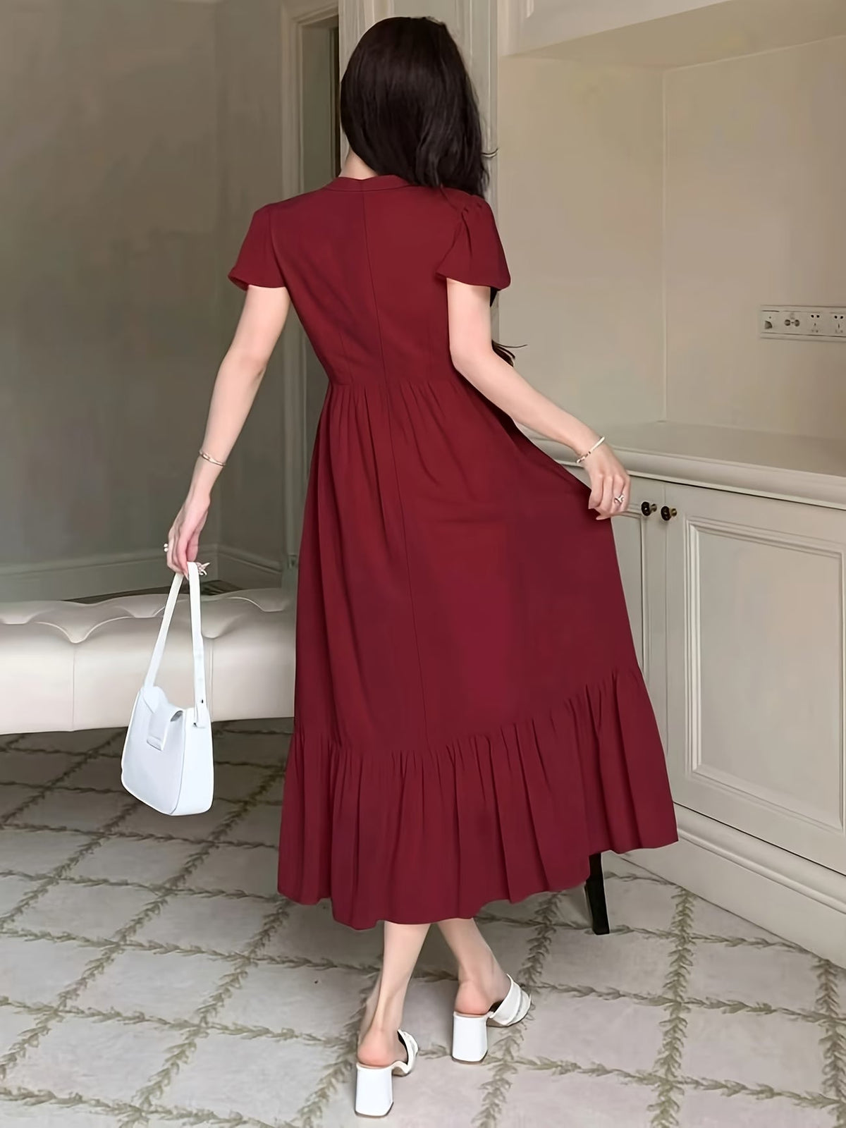 Women's Elegant Pleated Waist Ruffle Hem Maxi Dress