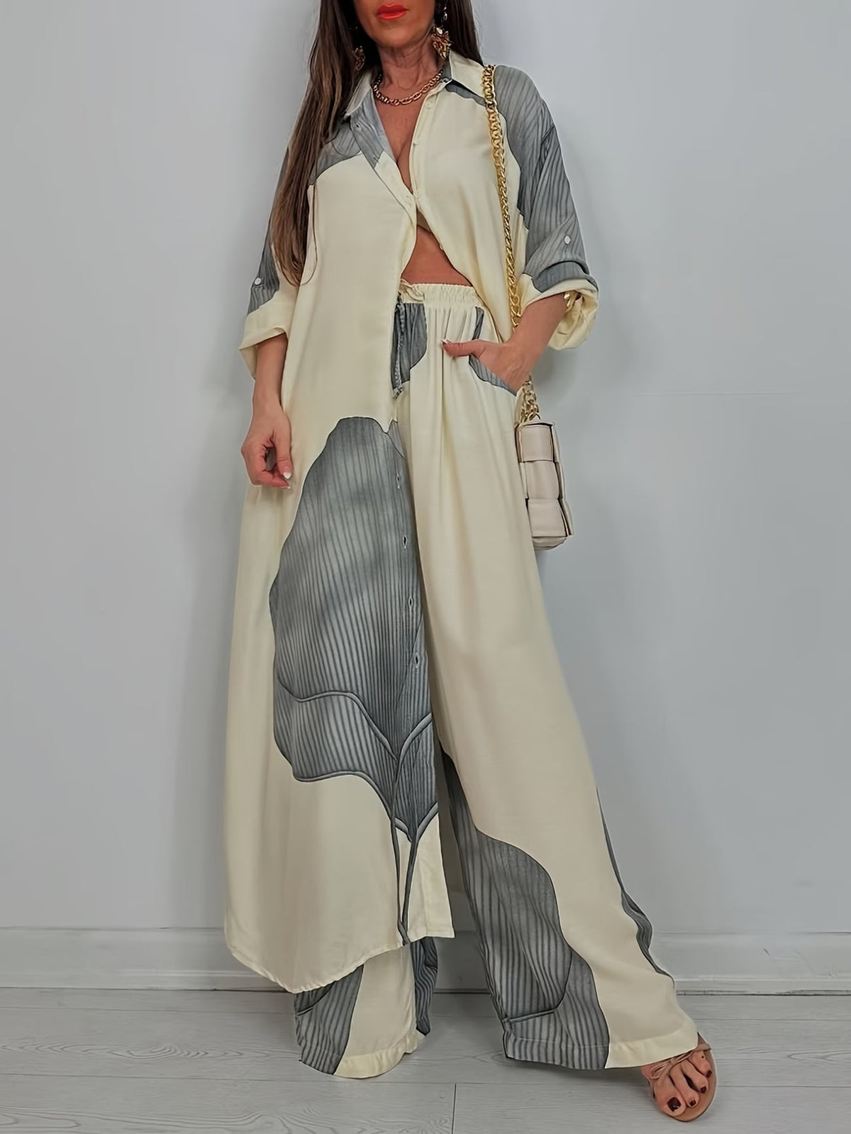 Women's Printed Long Shirt & Relaxed Pants Two-Piece Set