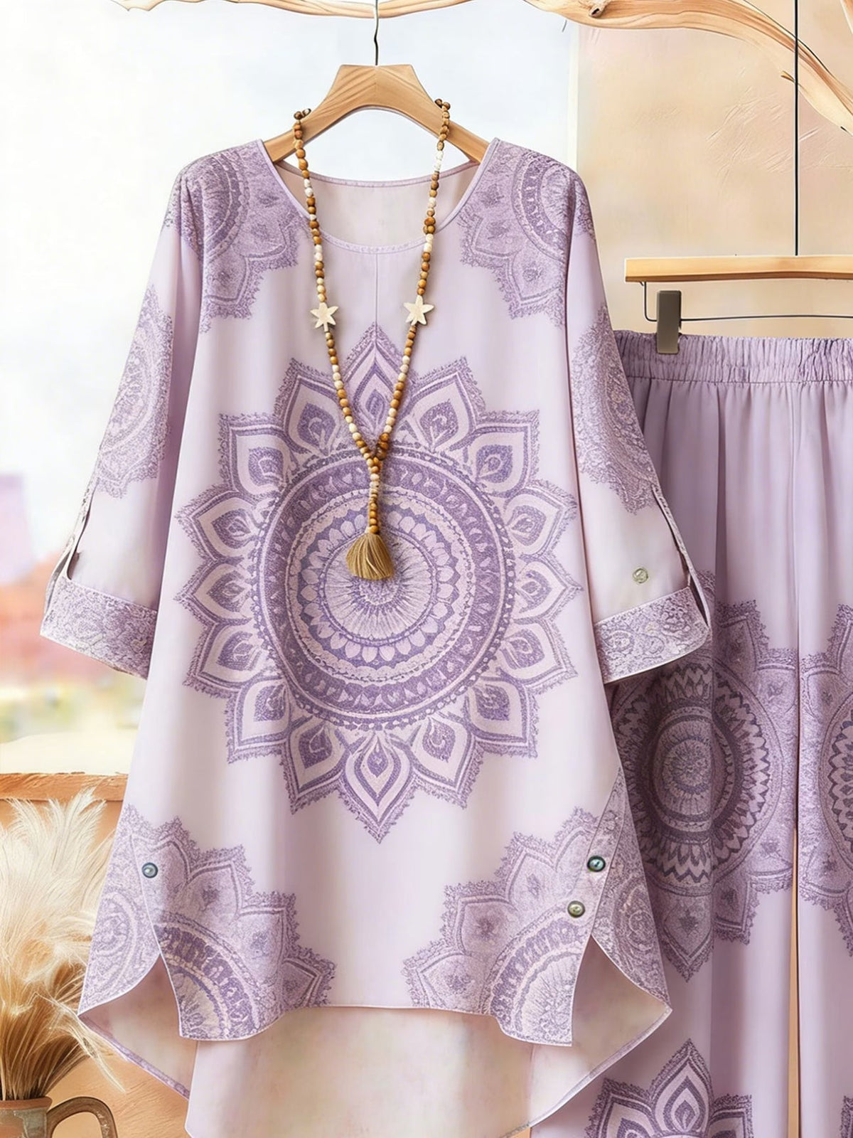Plus Size Bohemian Printed Co-Ord Set – V-Neck Casual Tunic & Pants Outfit