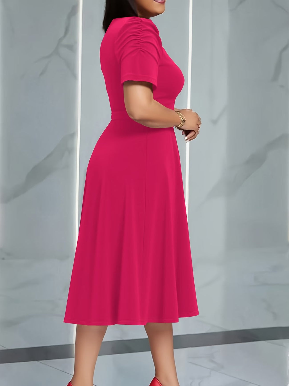 Women's Elegant V-Neck Ruffle Midi Dress with Waist Belt