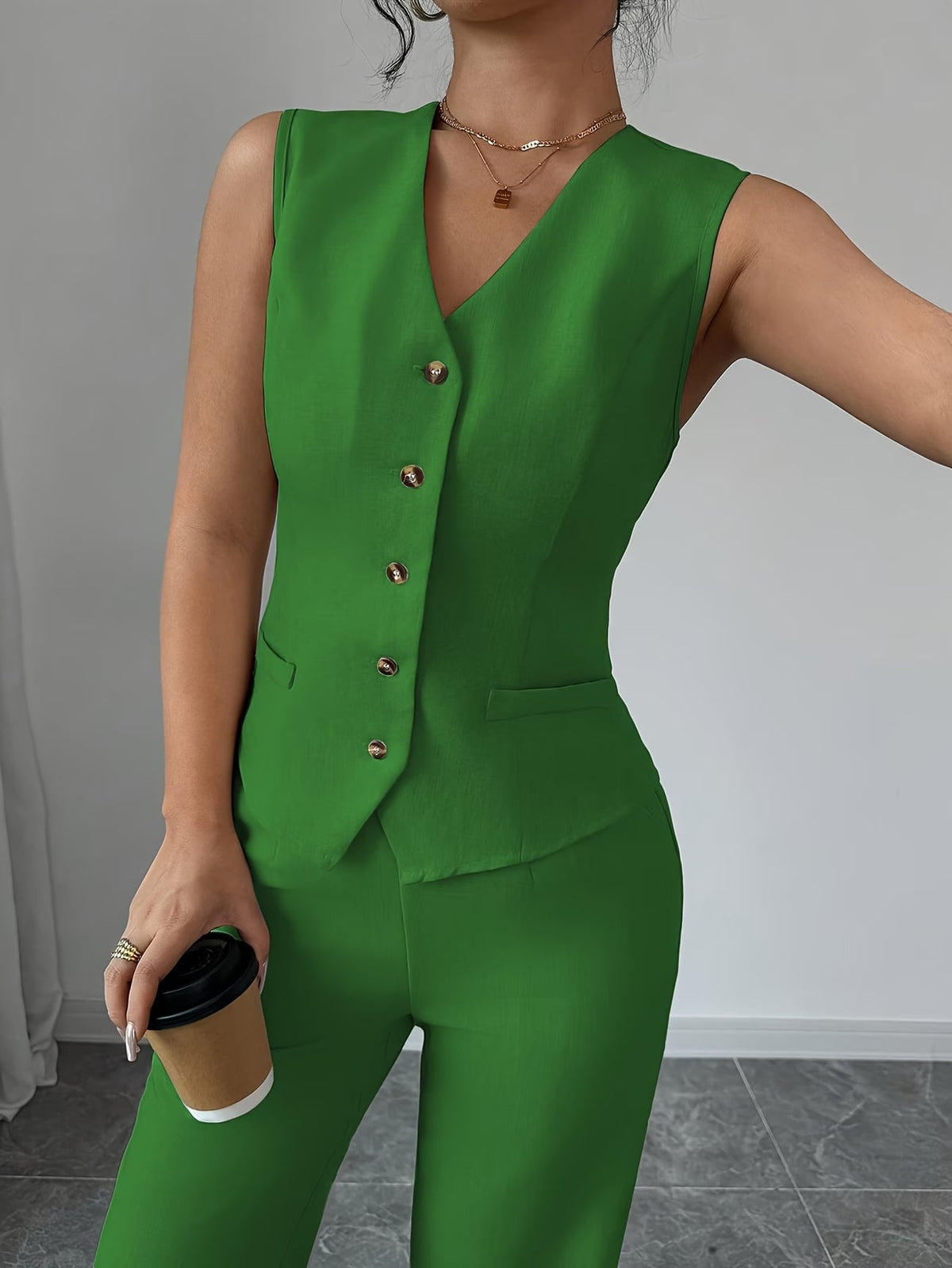 Women's Sleeveless Waist-Cinched Vest & Wide-Leg Pants Two-Piece Set