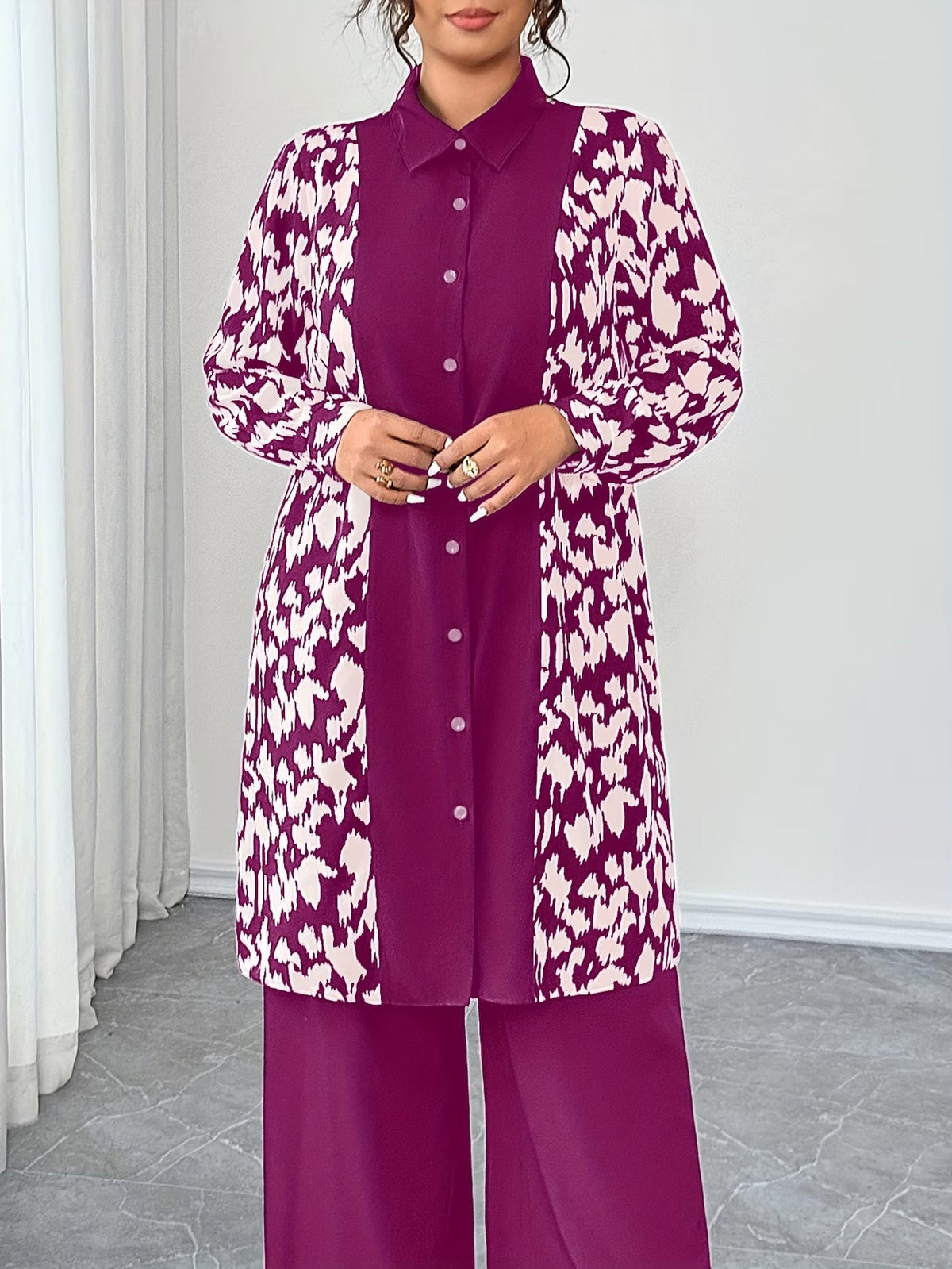 Women's Elegant Patchwork Cardigan, Mid-Length Shirt & Straight-Leg Trousers Set