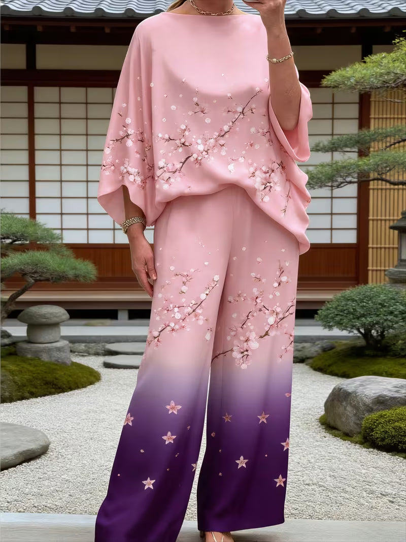 Plus Size Off-Shoulder Batwing Sleeve Printed 2-Piece Set
