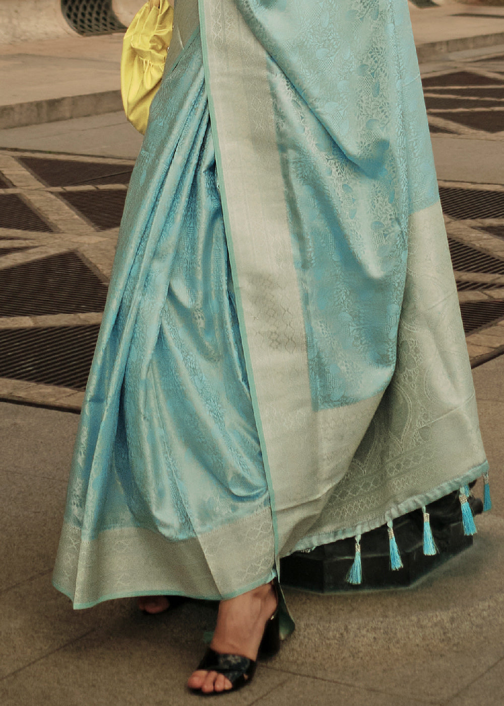 Baby Blue Elegant Satin Silk Blend Saree with Matching Blended Silk Blouse Piece