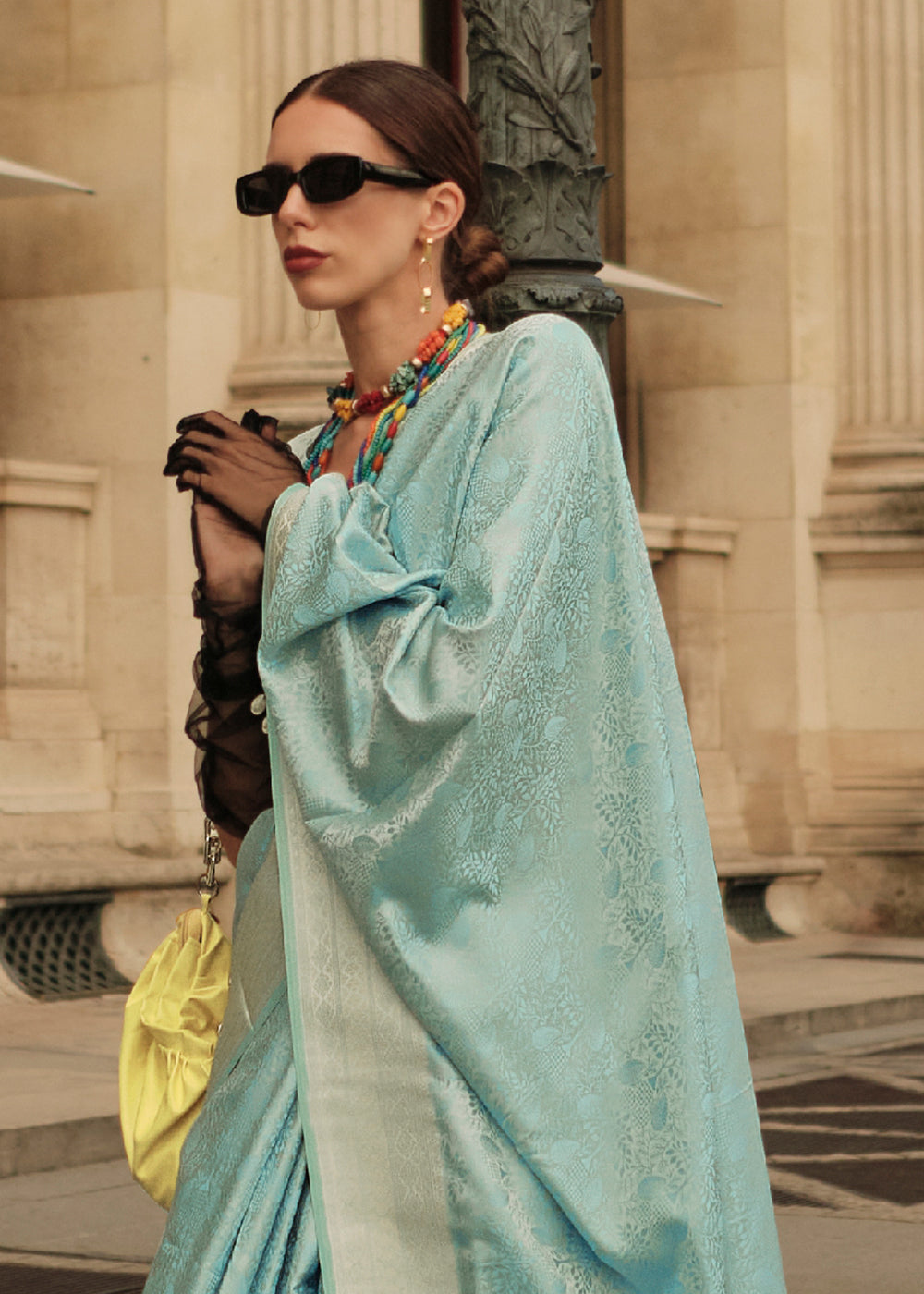 Baby Blue Elegant Satin Silk Blend Saree with Matching Blended Silk Blouse Piece