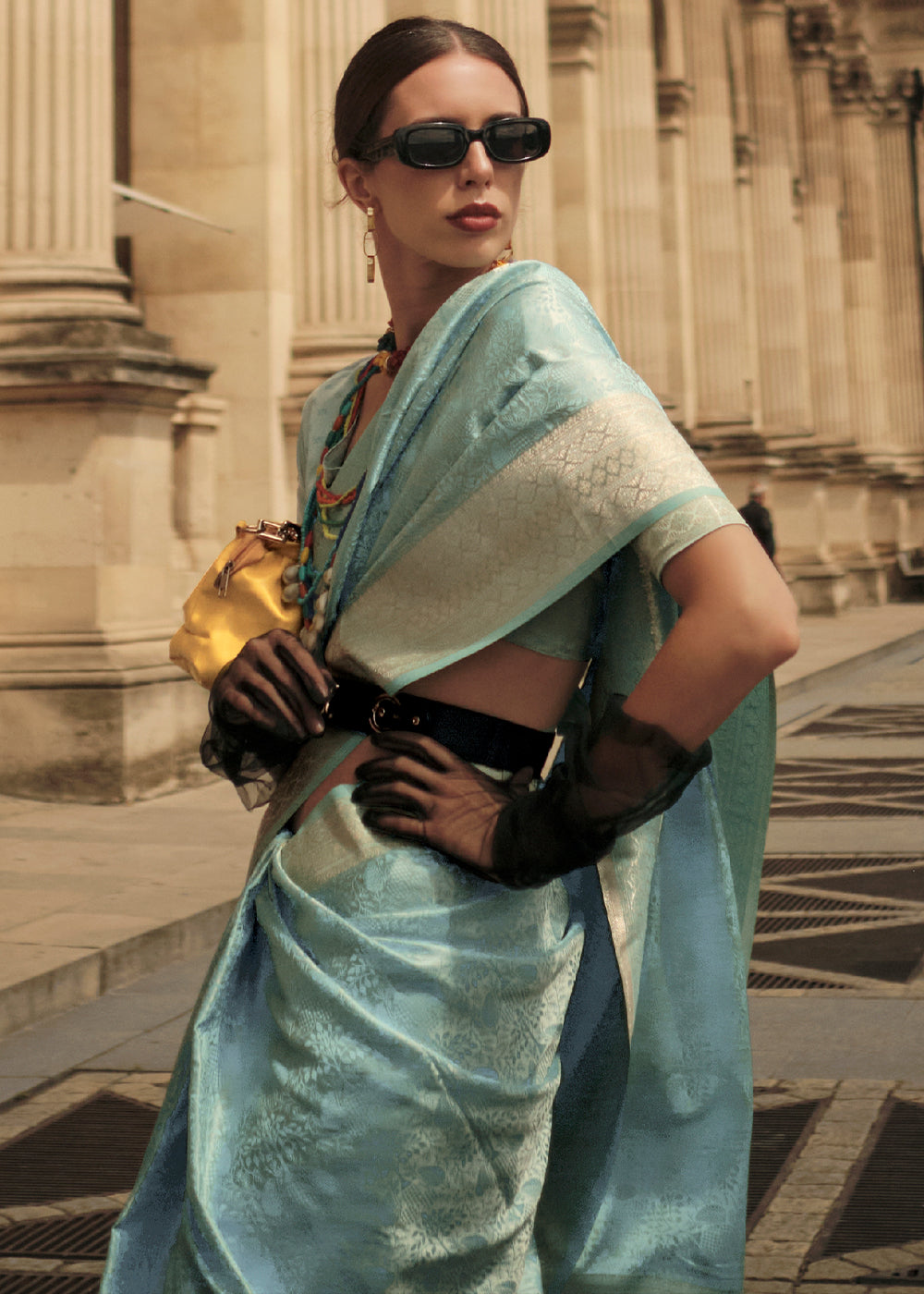 Baby Blue Elegant Satin Silk Blend Saree with Matching Blended Silk Blouse Piece