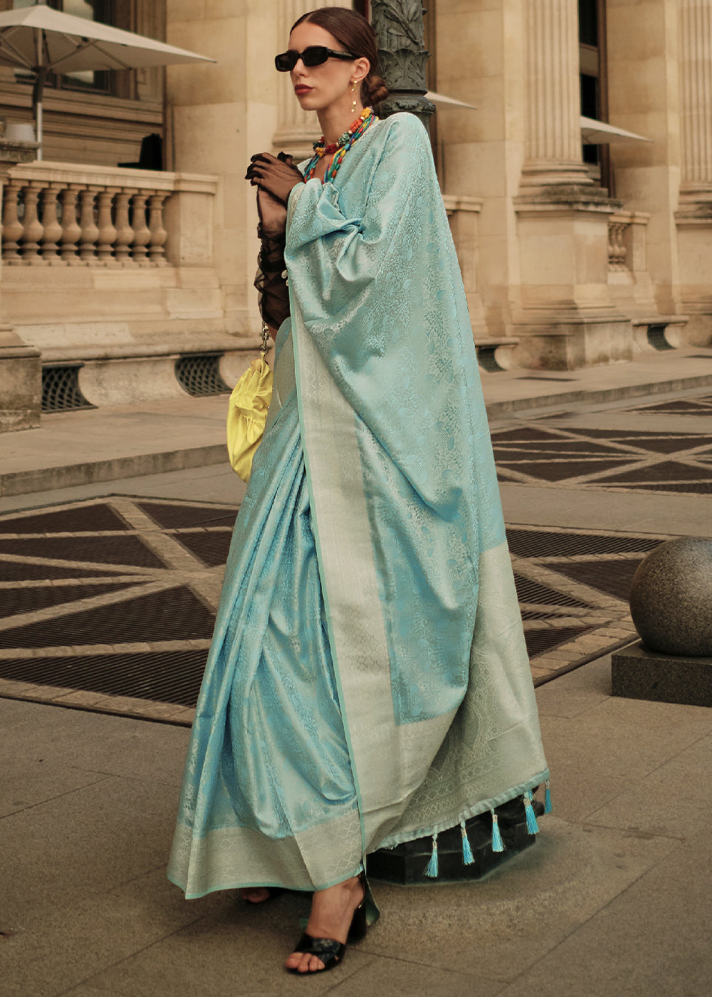 Baby Blue Elegant Satin Silk Blend Saree with Matching Blended Silk Blouse Piece