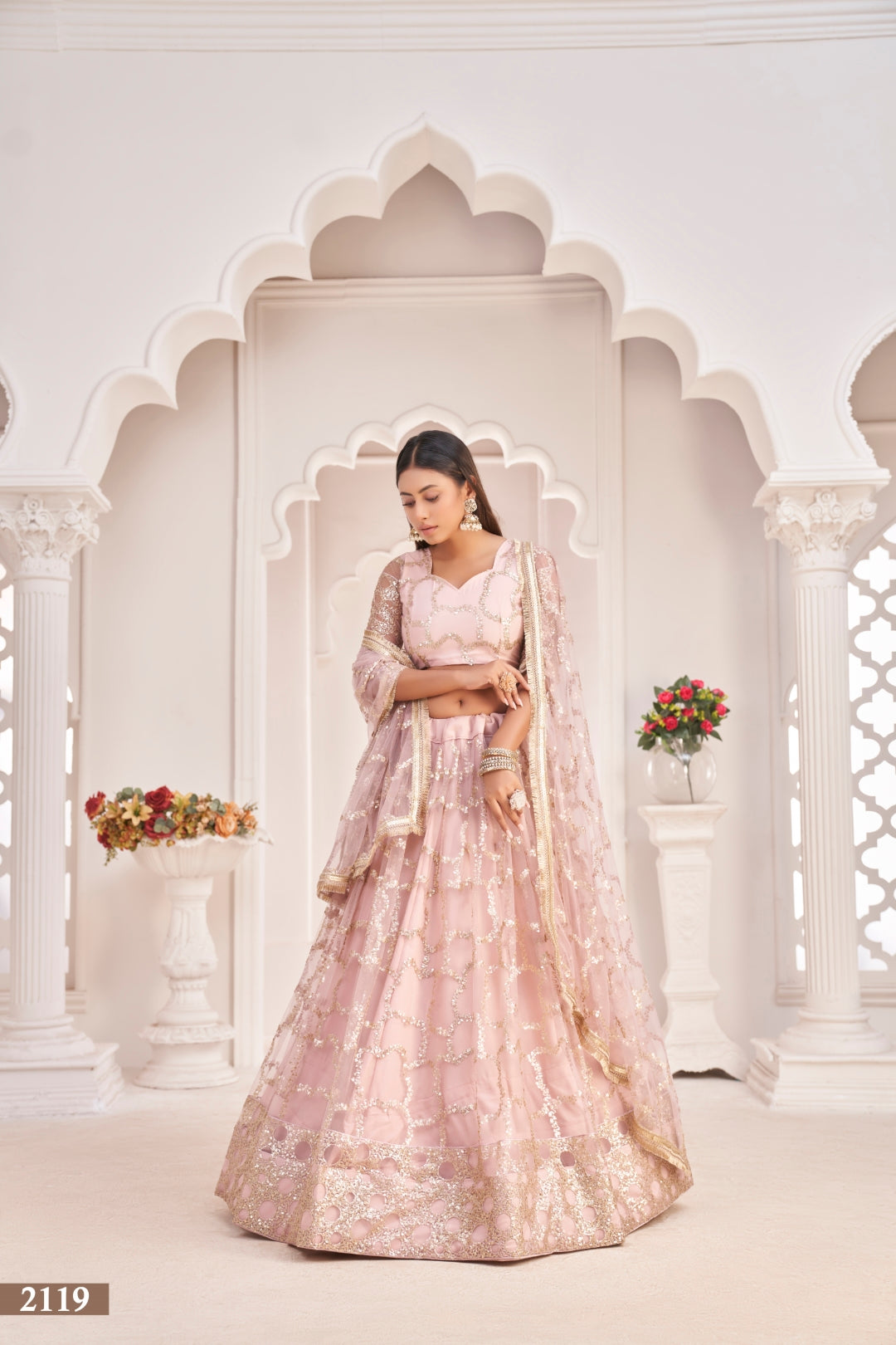 Baby Pink Elegant Butterfly Net Lehenga with Zari & Sequence Embroidery