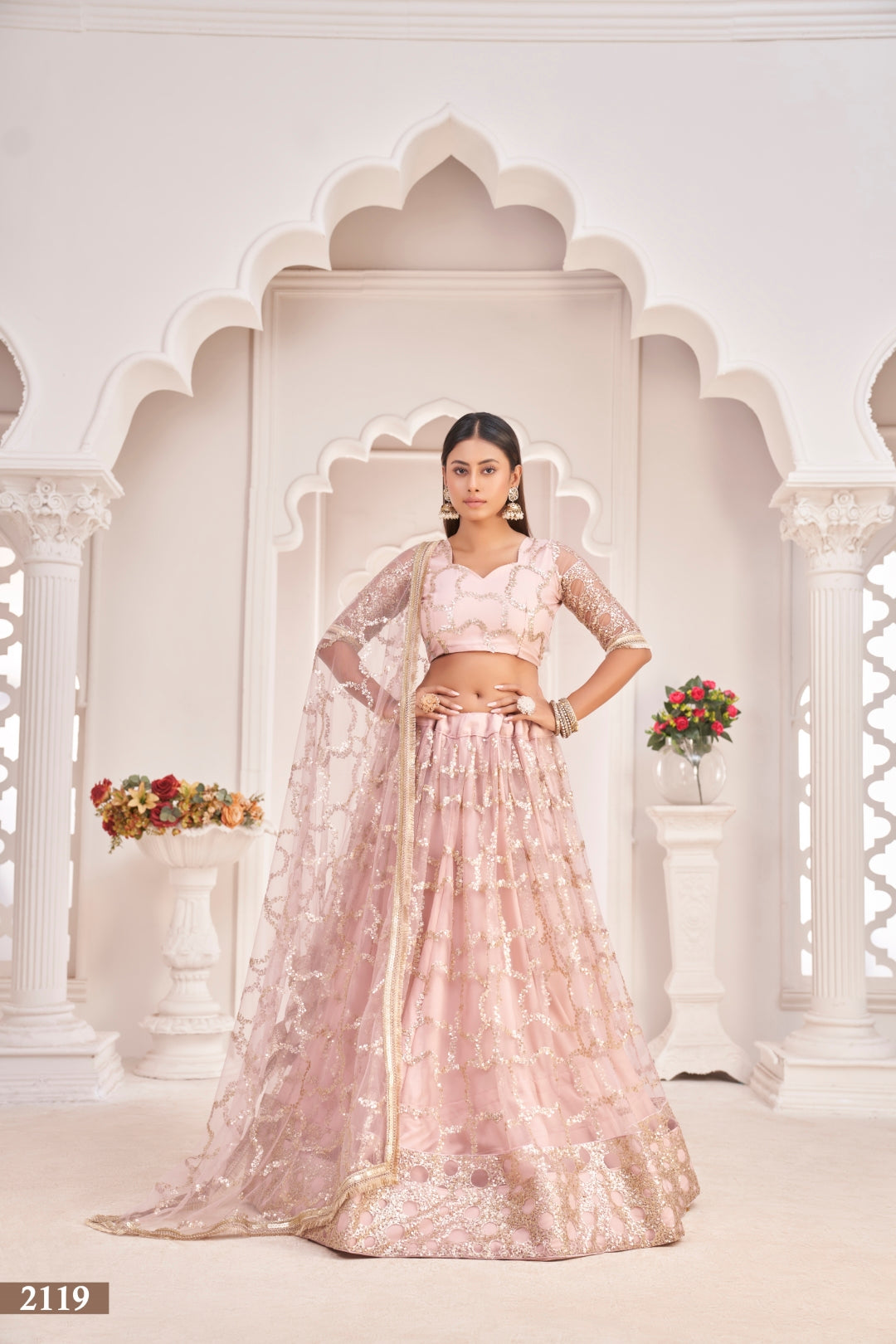 Baby Pink Elegant Butterfly Net Lehenga with Zari & Sequence Embroidery