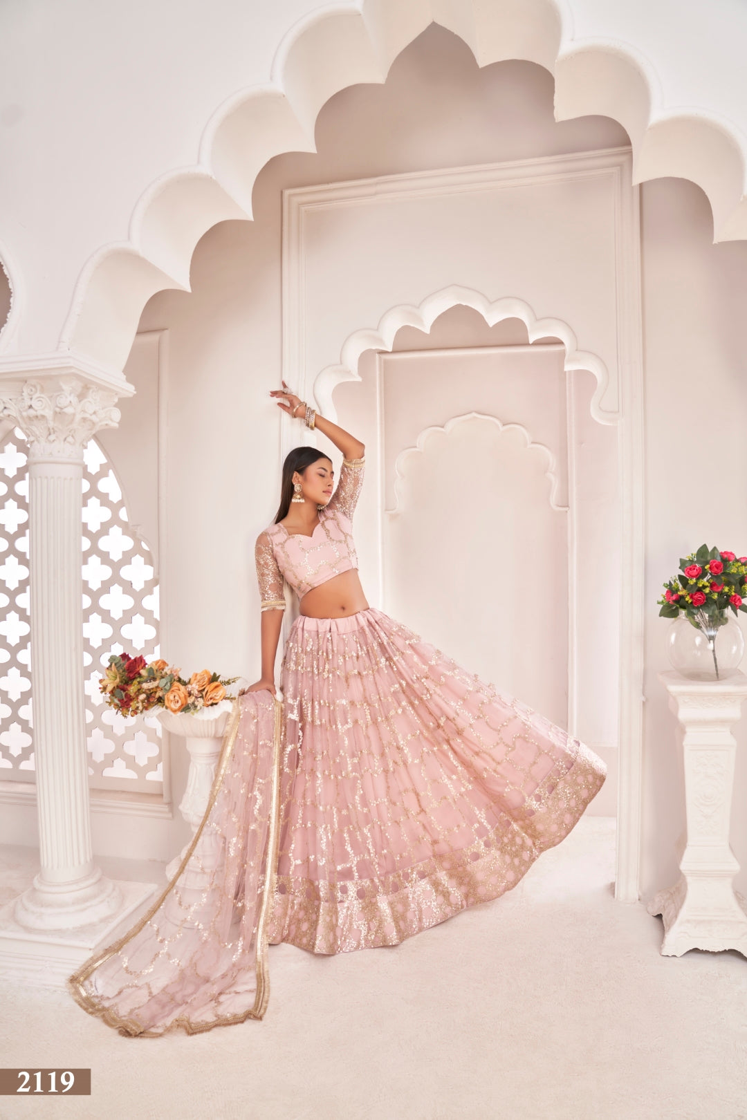 Baby Pink Elegant Butterfly Net Lehenga with Zari & Sequence Embroidery