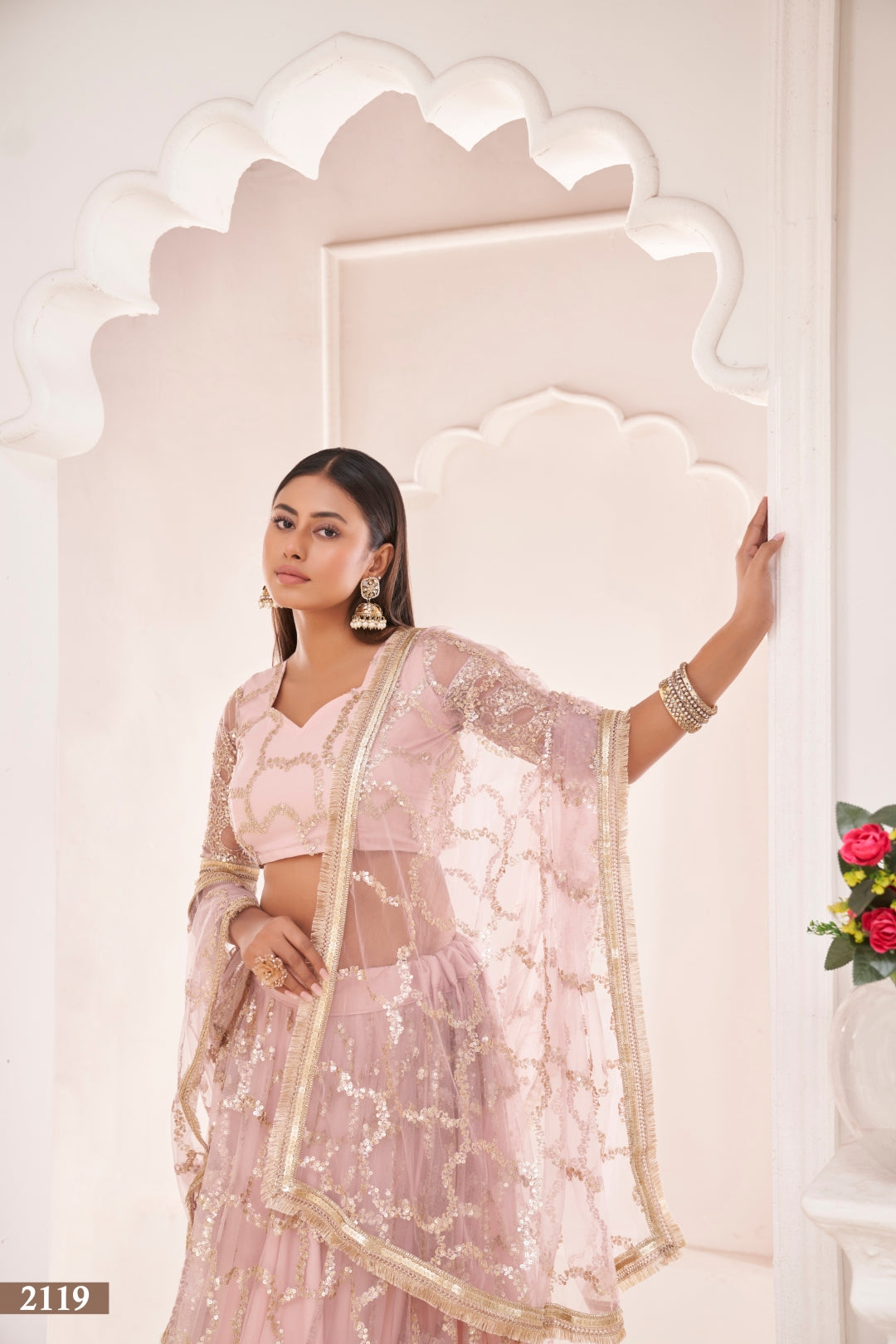 Baby Pink Elegant Butterfly Net Lehenga with Zari & Sequence Embroidery