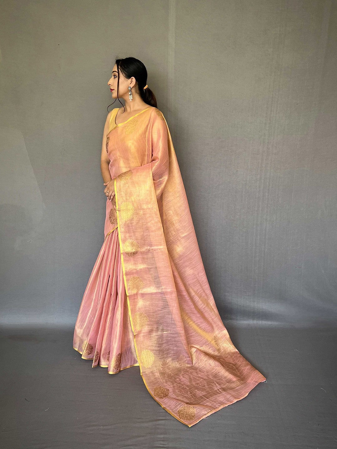 Baby Pink Elegant Woven Tissue Silk Saree with Gold Accents Party & Festive Wear
