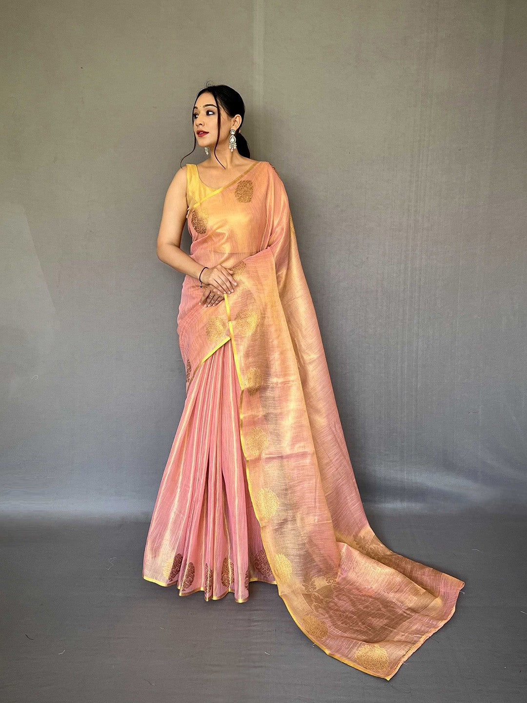 Baby Pink Elegant Woven Tissue Silk Saree with Gold Accents Party & Festive Wear