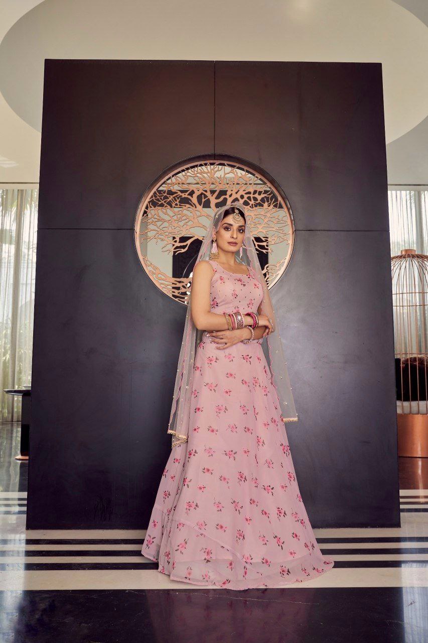 Baby Pink Floral Digital Printed Georgette Lehenga Set with Sequins Net Dupatta – Semi-Stitched Lehenga & Unstitched Blouse