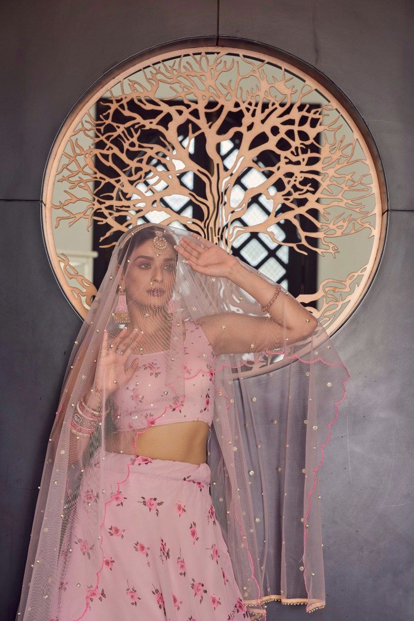 Baby Pink Floral Digital Printed Georgette Lehenga Set with Sequins Net Dupatta – Semi-Stitched Lehenga & Unstitched Blouse