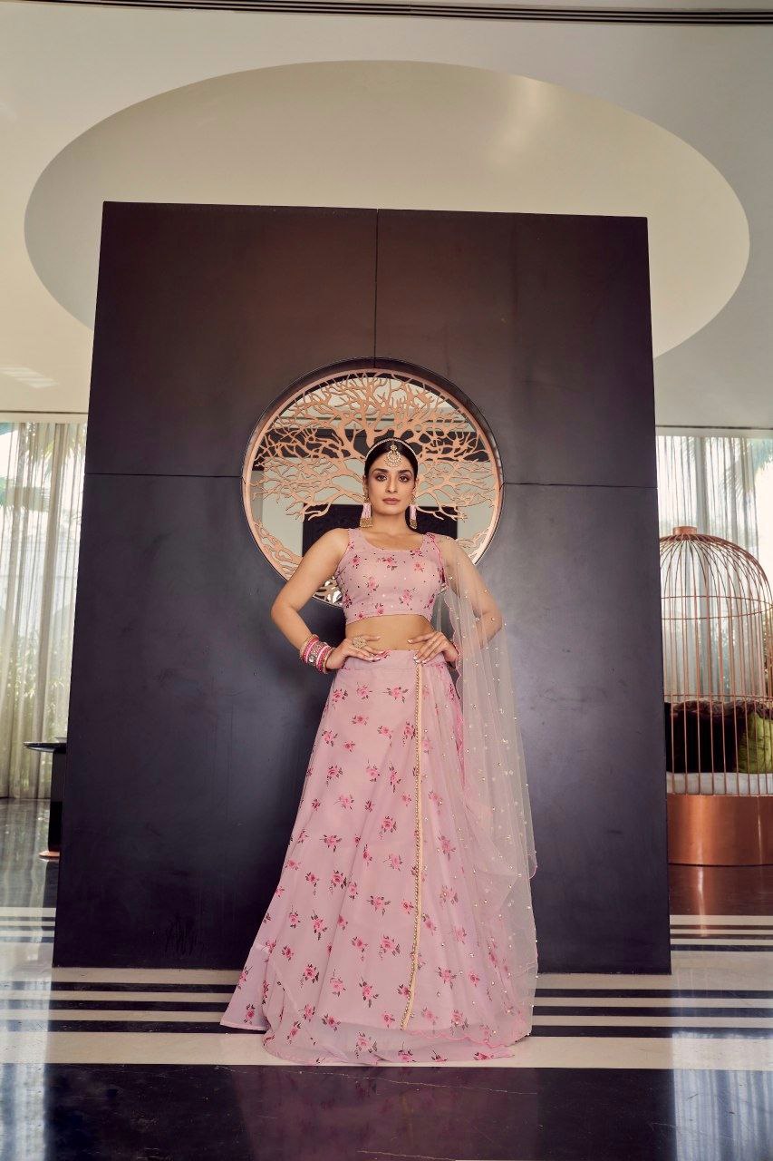Baby Pink Floral Digital Printed Georgette Lehenga Set with Sequins Net Dupatta – Semi-Stitched Lehenga & Unstitched Blouse