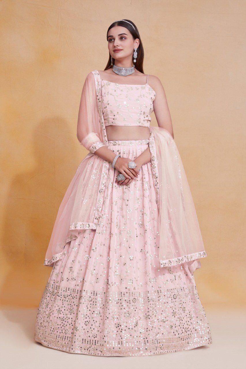 Baby Pink Georgette Zari & Sequin Embroidered Semi-Stitched Lehenga Choli with Soft Net Lace Border Dupatta