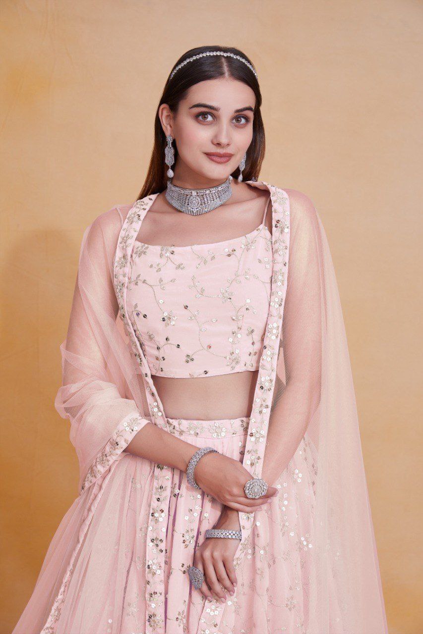 Baby Pink Georgette Zari & Sequin Embroidered Semi-Stitched Lehenga Choli with Soft Net Lace Border Dupatta
