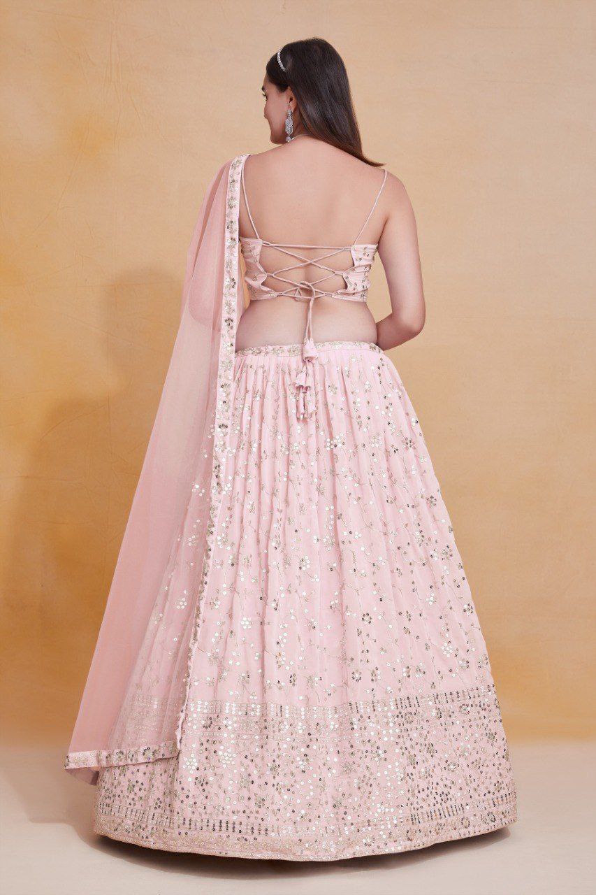 Baby Pink Georgette Zari & Sequin Embroidered Semi-Stitched Lehenga Choli with Soft Net Lace Border Dupatta
