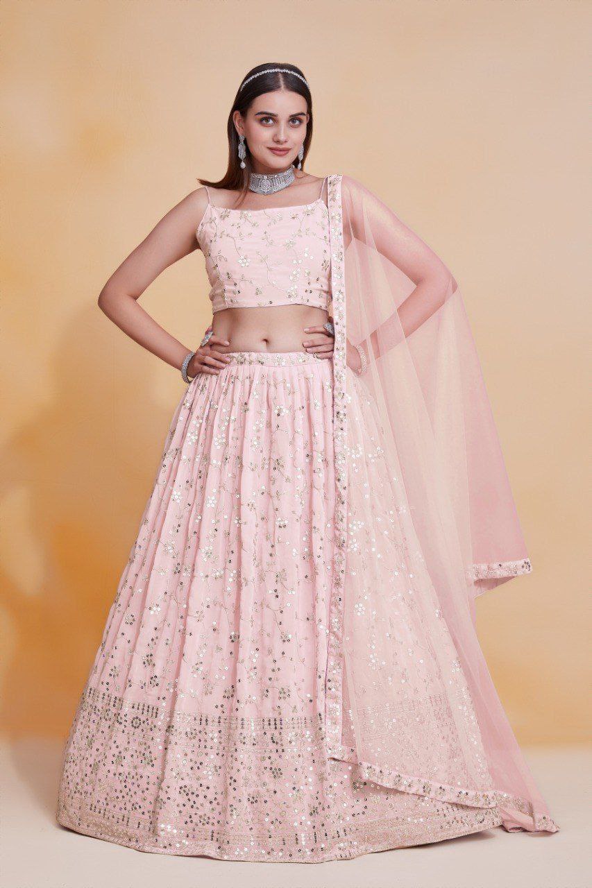 Baby Pink Georgette Zari & Sequin Embroidered Semi-Stitched Lehenga Choli with Soft Net Lace Border Dupatta