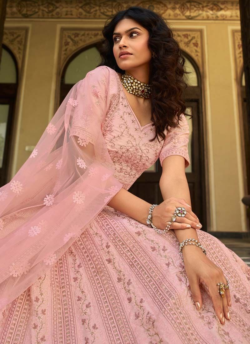 Baby Pink Organza Zari And Resham Work Lehenga