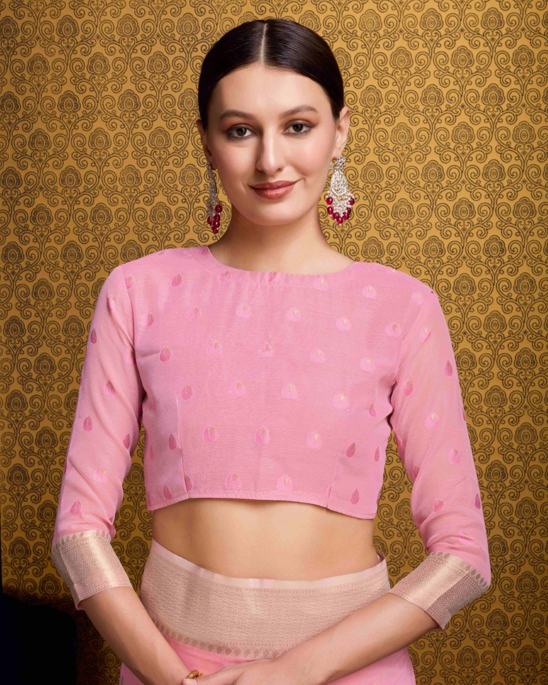 Baby Pink Radiant Floral Printed Saree with Zari Border