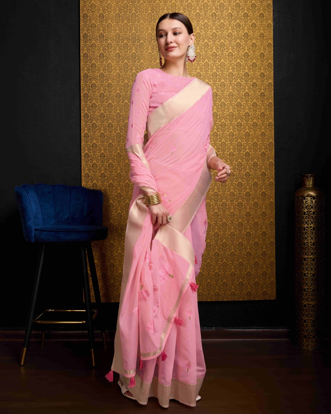 Baby Pink Radiant Floral Printed Saree with Zari Border