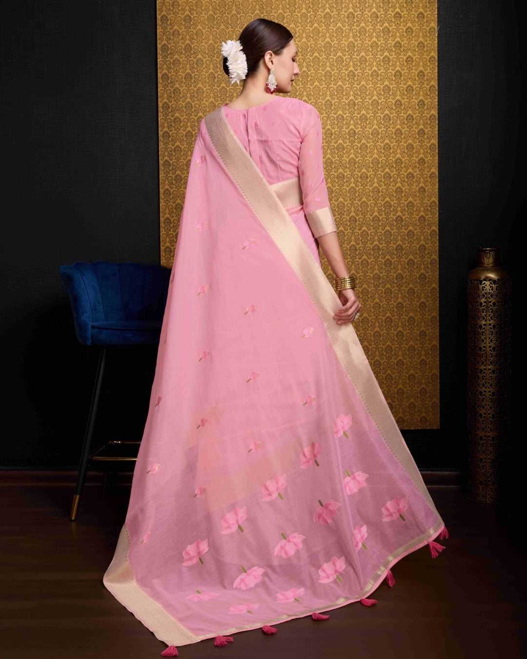 Baby Pink Radiant Floral Printed Saree with Zari Border