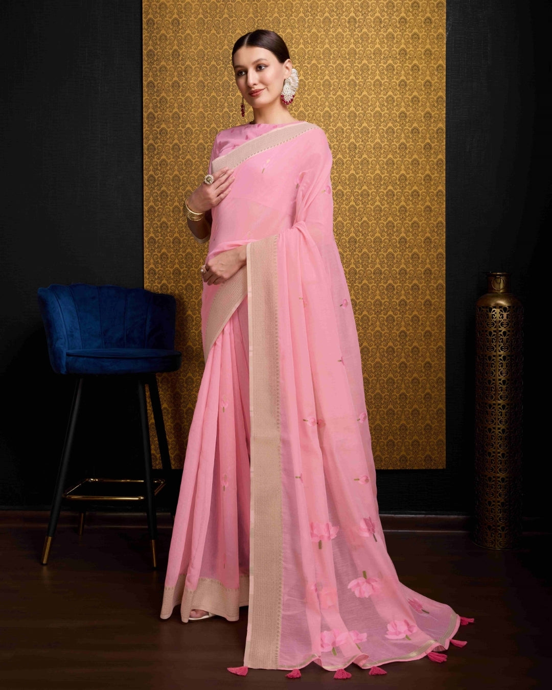 Baby Pink Radiant Floral Printed Saree with Zari Border