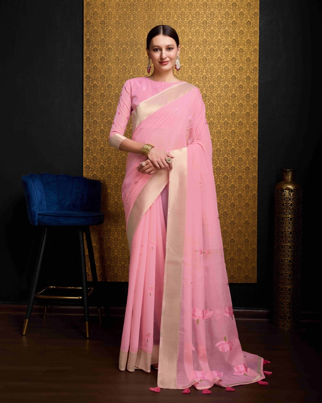 Baby Pink Radiant Floral Printed Saree with Zari Border