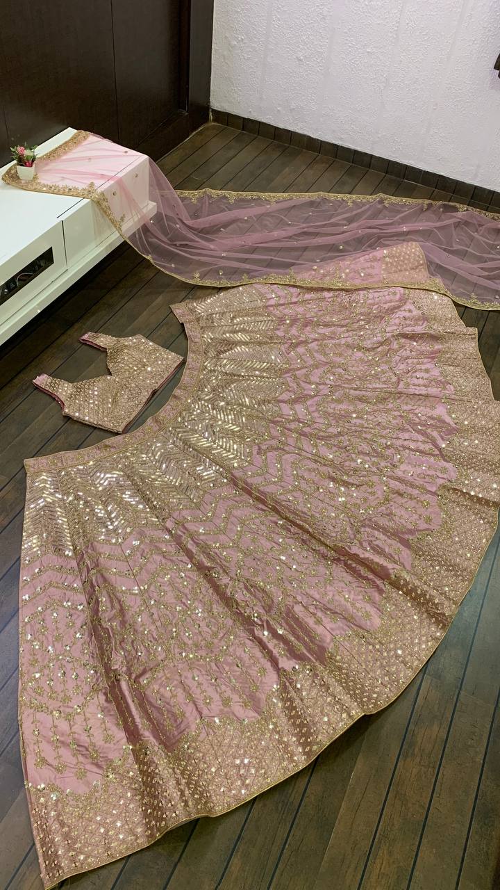 Baby Pink Satin Silk Embroidered Lehenga Choli Set with Net Dupatta – Zari, Sequin & Dori Work