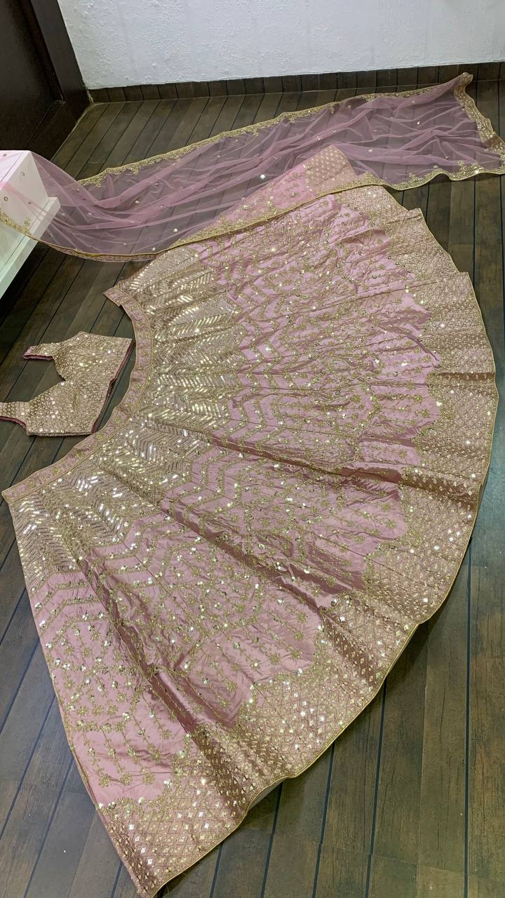 Baby Pink Satin Silk Embroidered Lehenga Choli Set with Net Dupatta – Zari, Sequin & Dori Work
