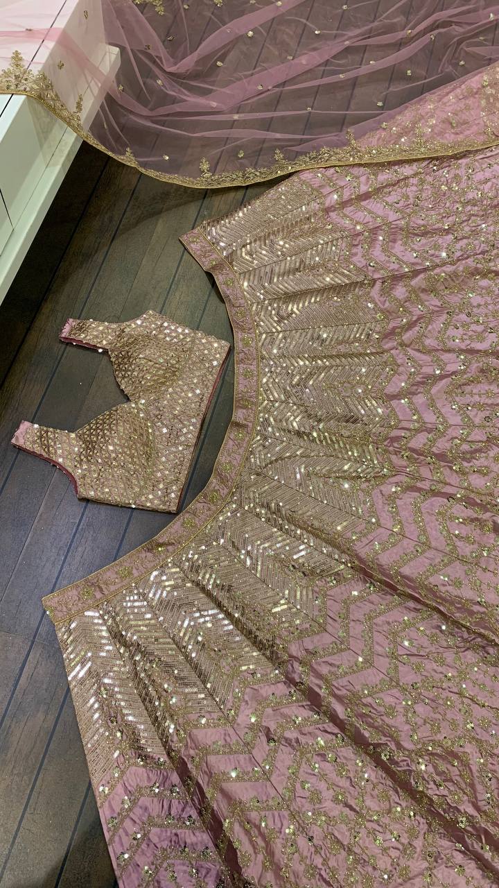 Baby Pink Satin Silk Embroidered Lehenga Choli Set with Net Dupatta – Zari, Sequin & Dori Work