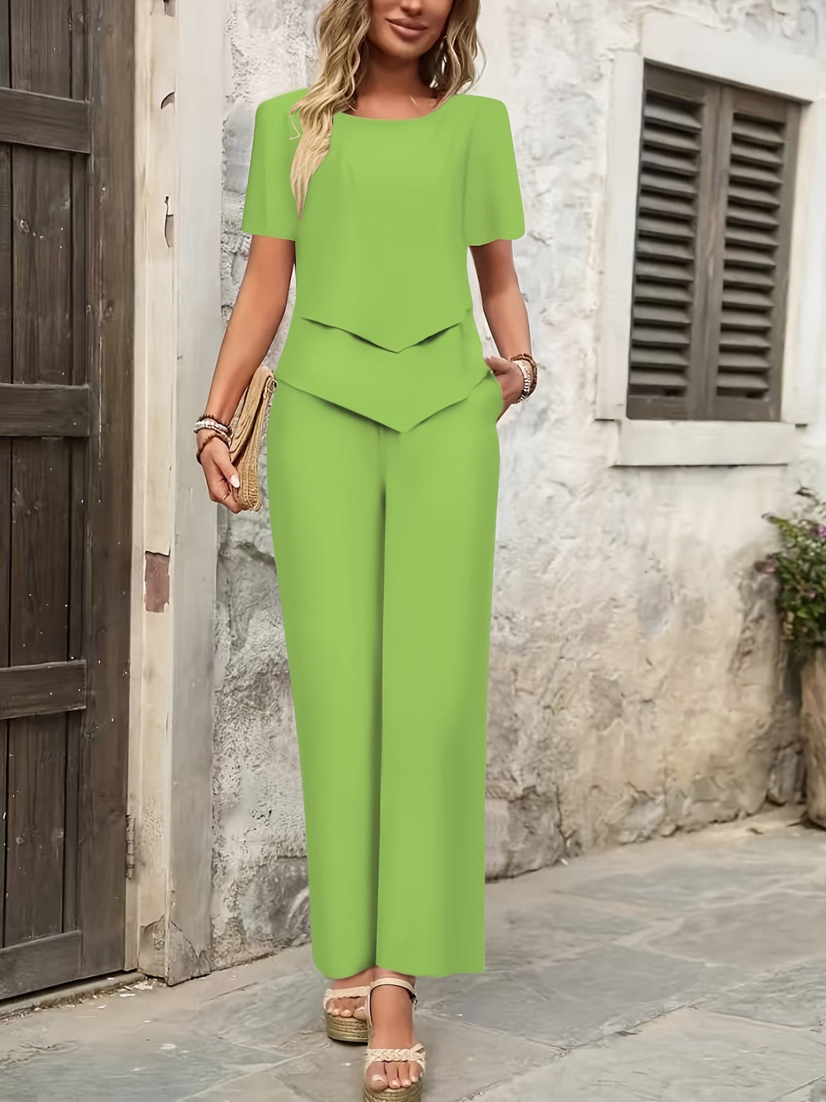 Women Summer Casual T-Shirt & Straight Leg Pants 2-Piece Set