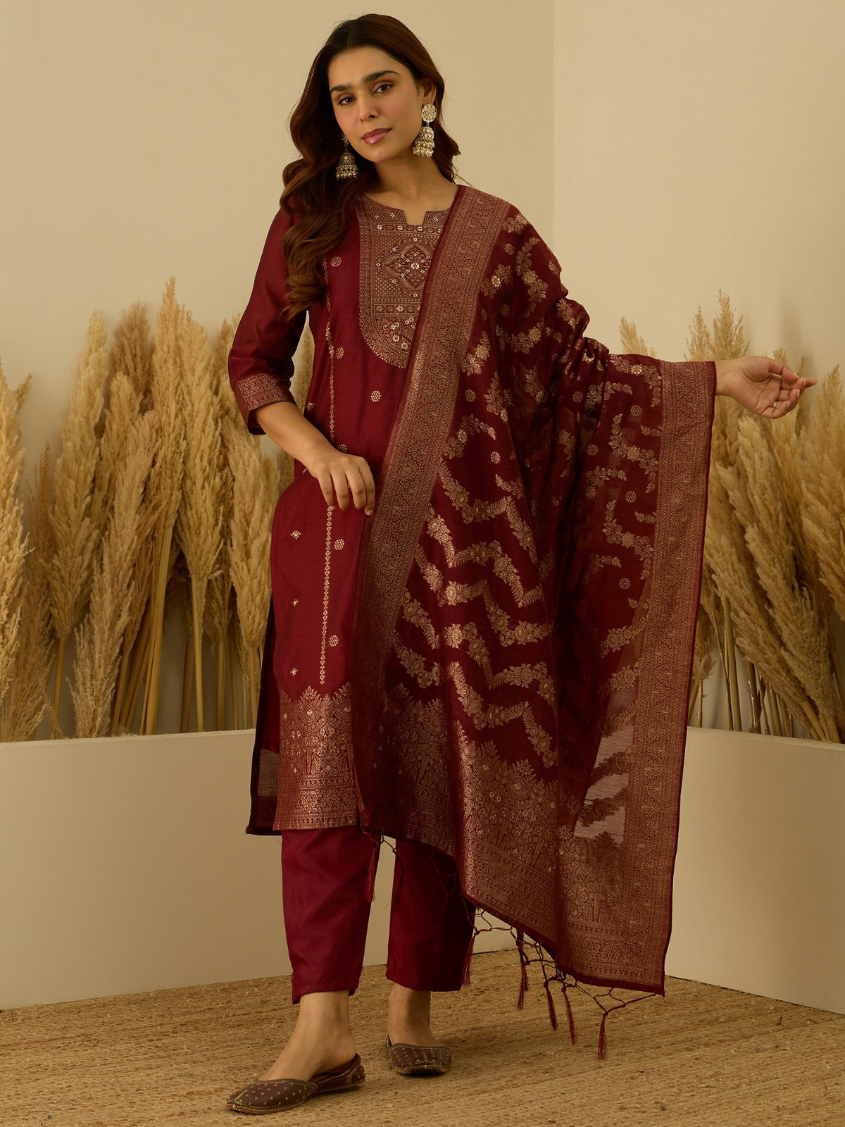 Banarasi Jacquard Zari Woven Straight Kurta Pant with Dupatta Set