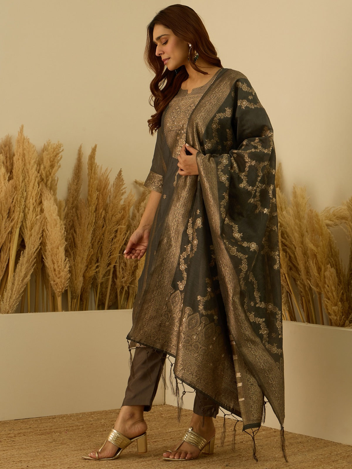 Banarasi Jacquard Zari Woven Straight Kurta Pant with Dupatta Set