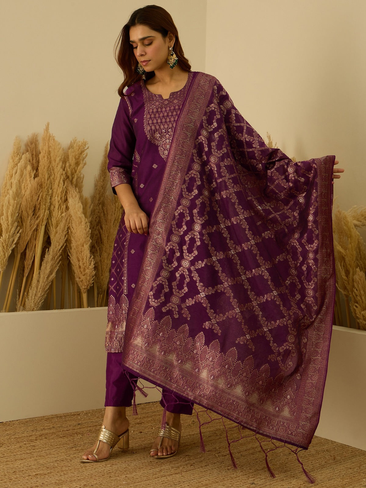 Banarasi Jacquard Zari Woven Straight Kurta Pant with Dupatta Set
