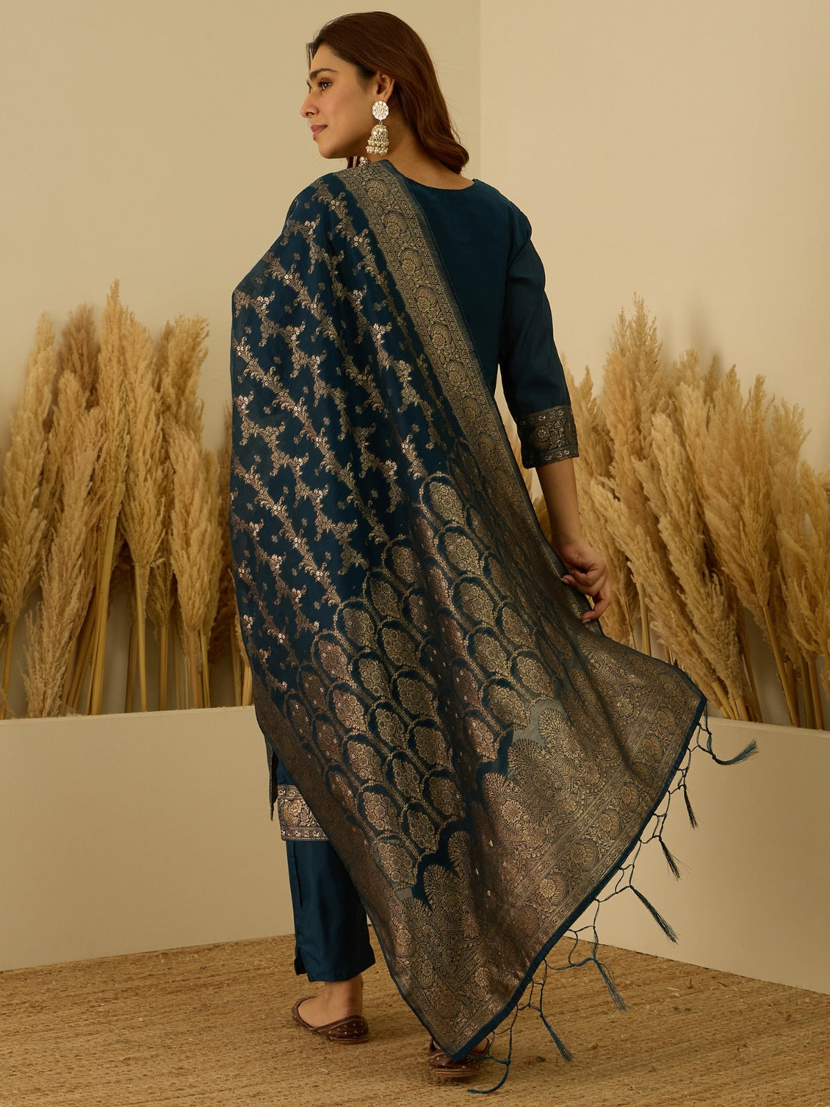 Banarasi Jacquard Zari Woven Straight Kurta Pant with Dupatta Set