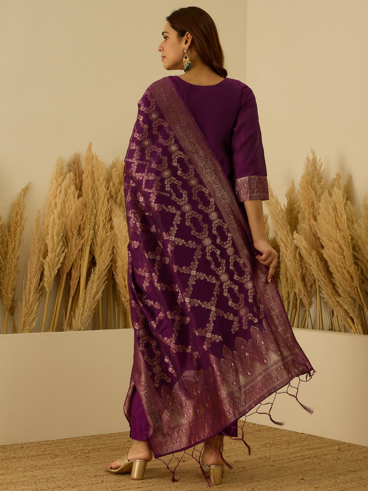 Banarasi Jacquard Zari Woven Straight Kurta Pant with Dupatta Set
