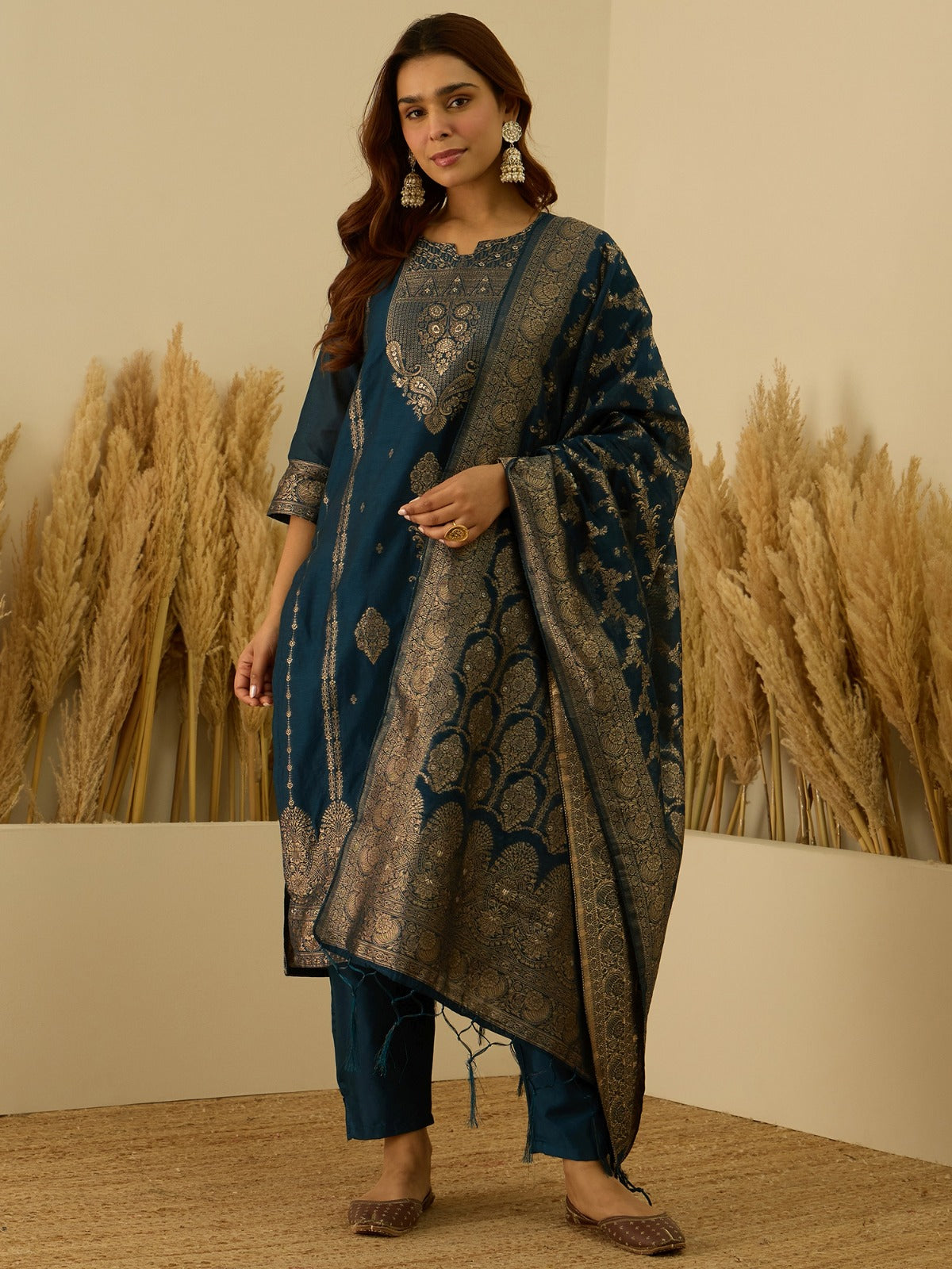 Banarasi Jacquard Zari Woven Straight Kurta Pant with Dupatta Set