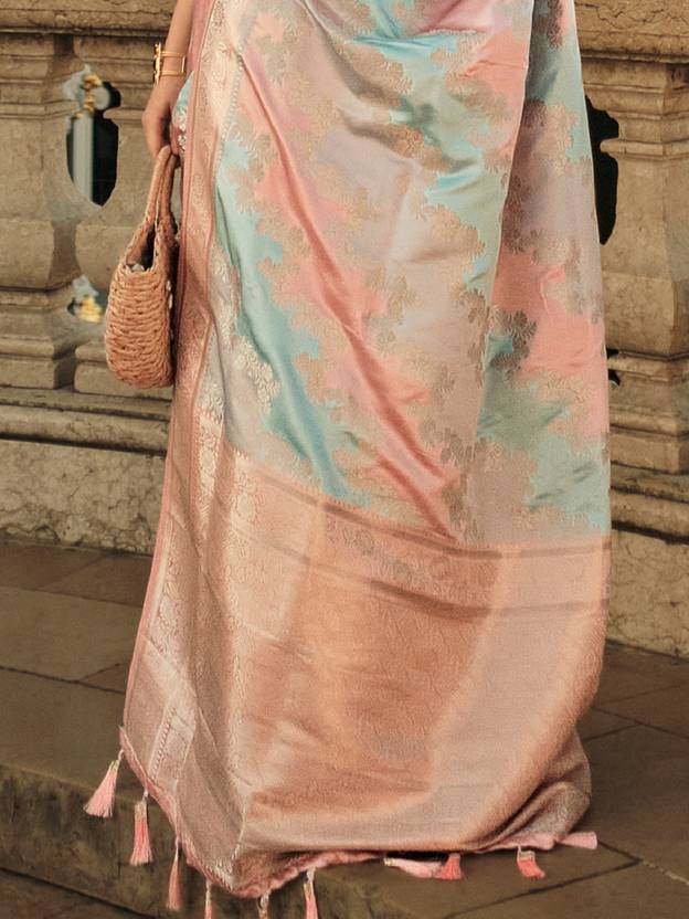 Banarasi Woven Satin Silk Blend Saree with Tassels – Unstitched Blouse Piece